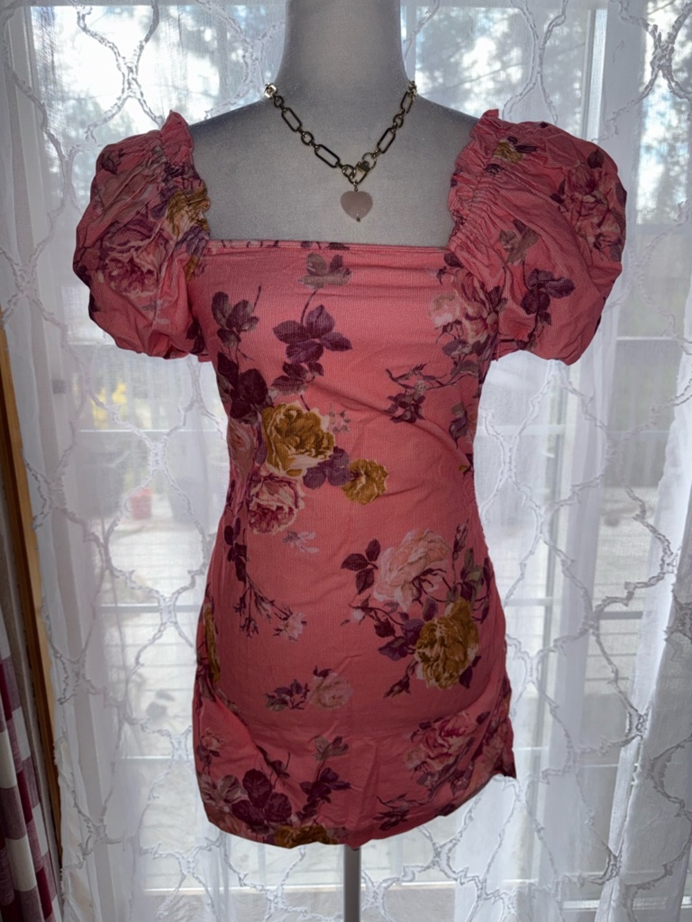 LoveShackFancy Pink Floral Puff-Sleeve Mini Dress